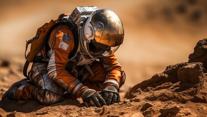 Mars Exploration. The  astronaut  is digging the red planet