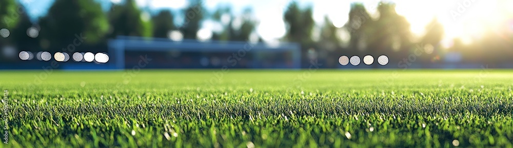 Poster A close-up view of a lush green soccer field with blurred background elements.