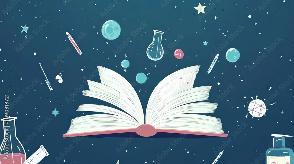 Poster an open book surrounded by scientific elements, symbolizing knowledge and exploration.