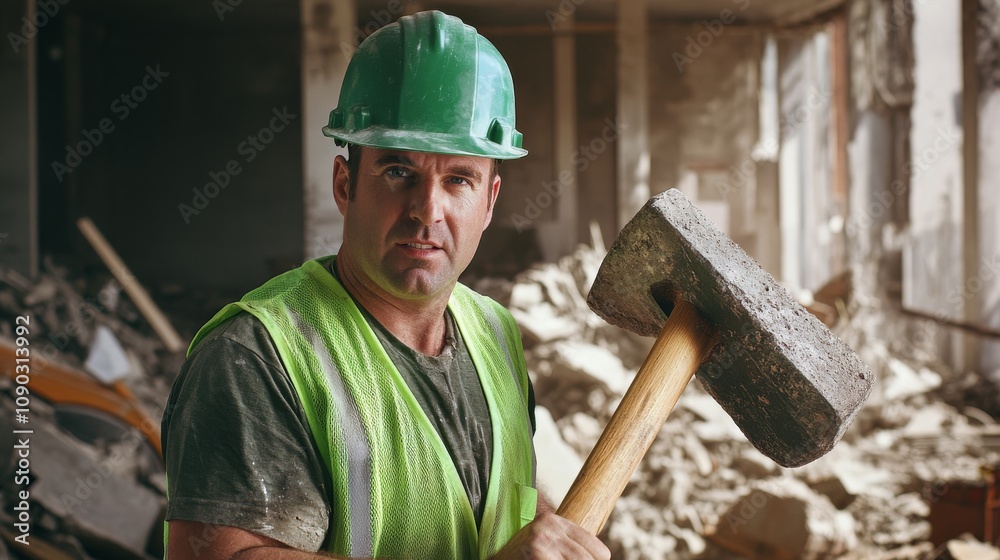 Poster a demolition worker in a green hard hat and reflective vest, holding a sledgehammer and looking dete