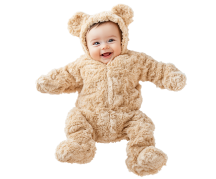 Smiling baby in a fluffy teddy bear suit, isolated on a white background, PNG transparent