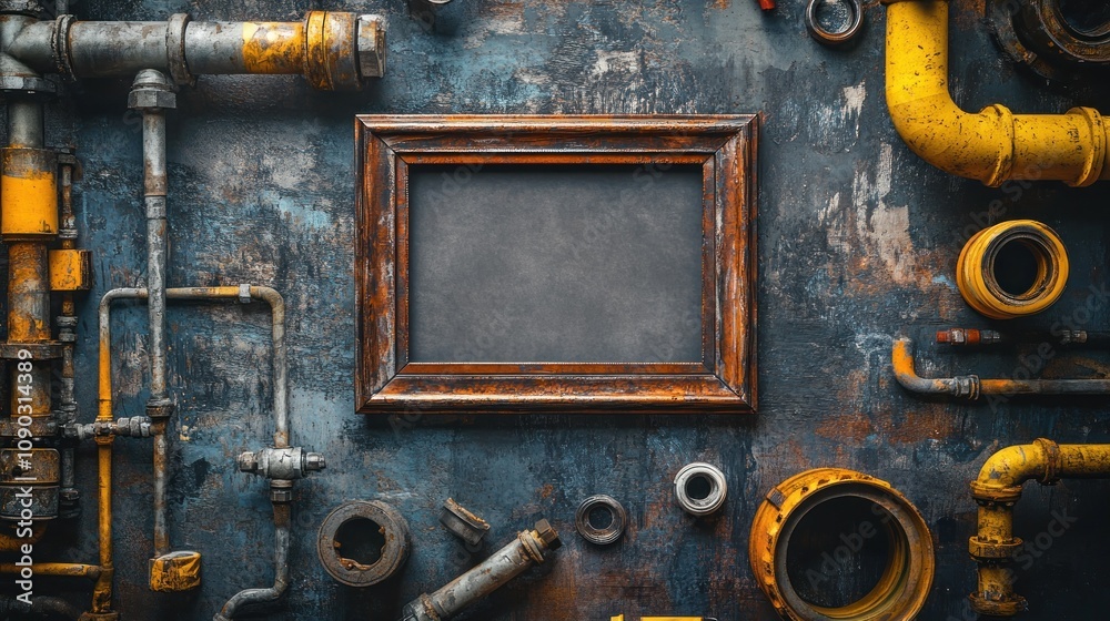 Poster a rustic background featuring pipes and a blank frame for creative display.