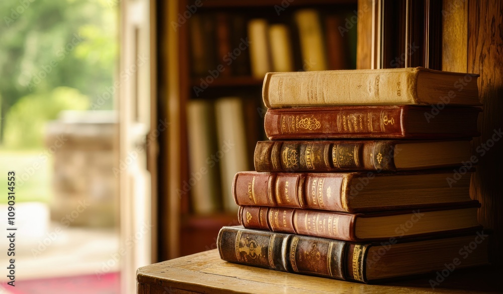 Poster a stack of vintage books on a wooden surface with a blurred background of a library.