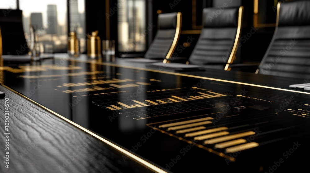 Aufkleber sleek conference room with a modern table featuring digital displays and a city view.