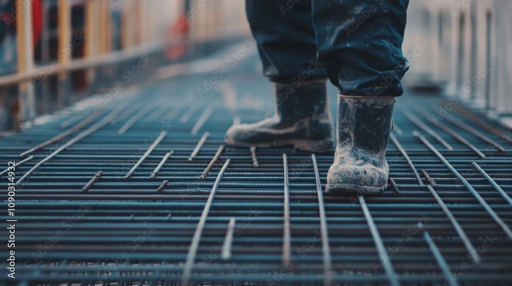 Poster A detailed close-up of a construction foreman inspecting concrete formwork at a skyscraper construction site, Skyscraper formwork inspection scene, Authoritative and meticulous style