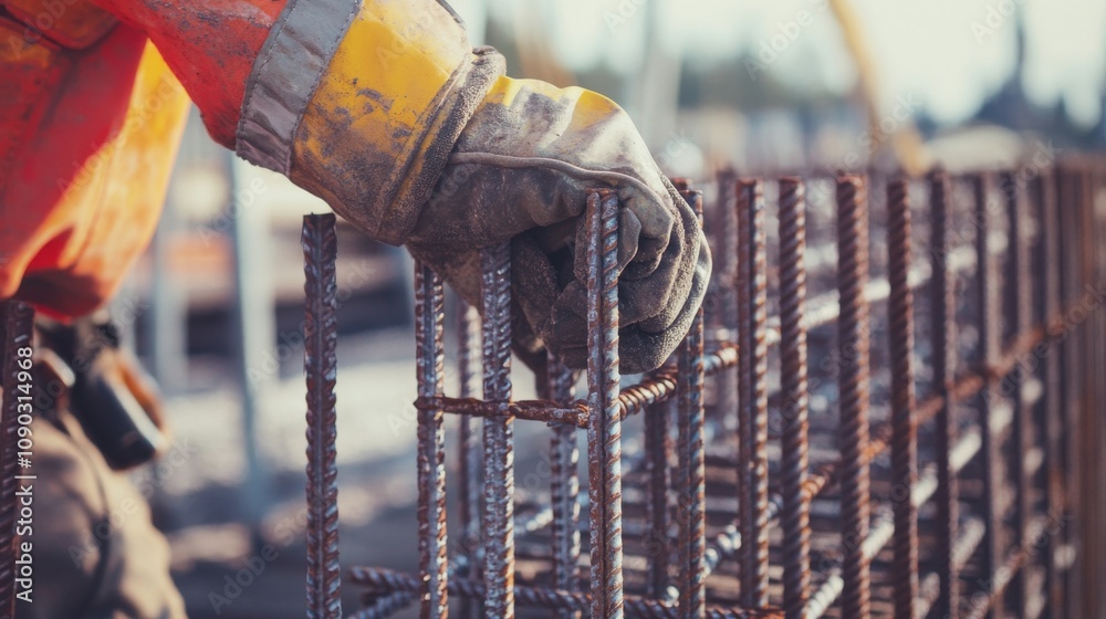 Poster A detailed close-up of a construction foreman inspecting concrete formwork at a skyscraper construction site, Skyscraper formwork inspection scene, Authoritative and meticulous style