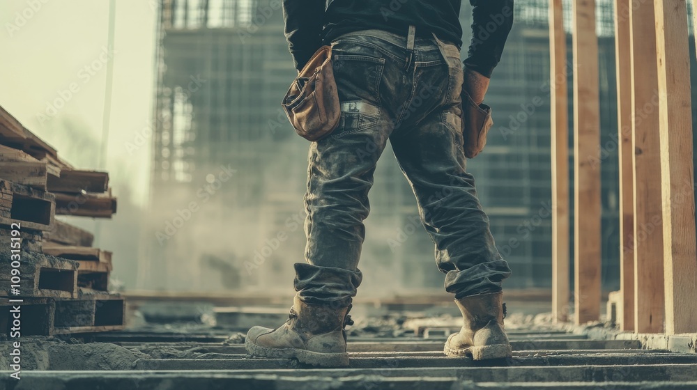 Poster a detailed close-up of a construction foreman inspecting steel reinforcement at a bridge constructio