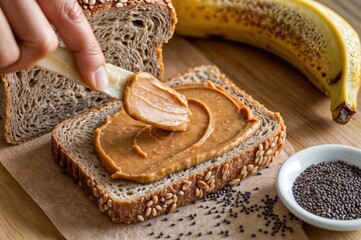Preparing a Protein-Packed Snack: Spreading Peanut Butter on Whole-Grain Bread with Banana and Chia Seeds
