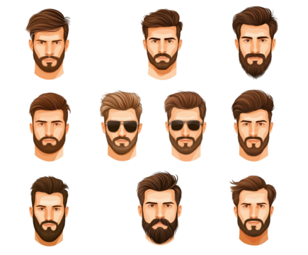 Different male hairstyles and beard styles isolated on a white background, PNG transparent