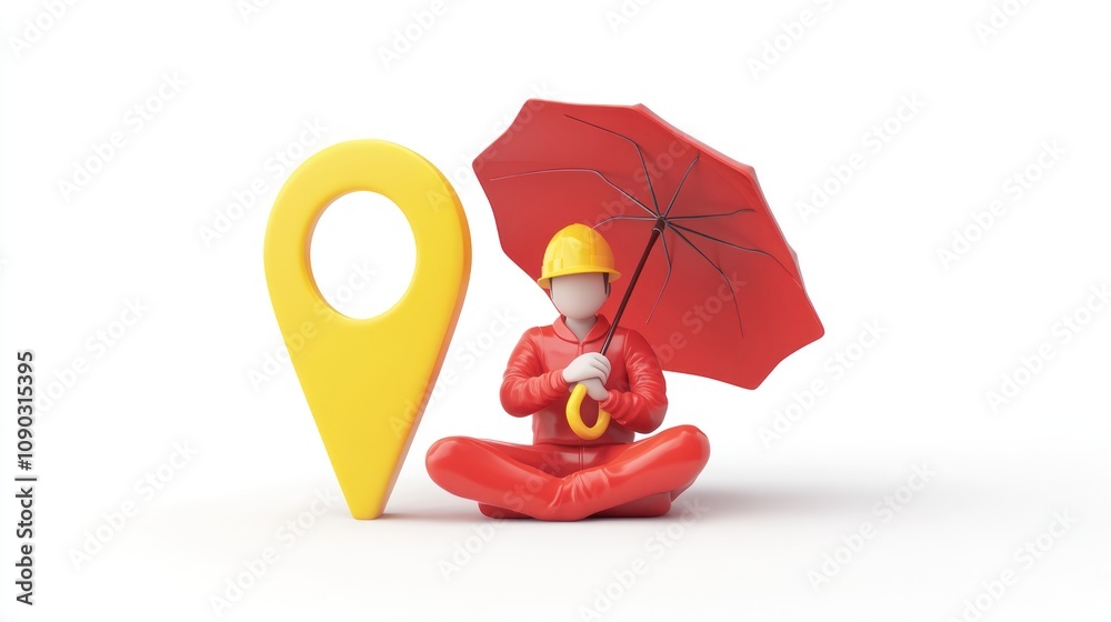 Poster a 3d figure with an umbrella sits beside a location pin, symbolizing safety and guidance.