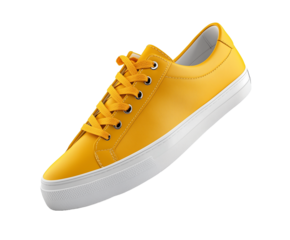 Yellow sneaker floating with untied laces, isolated on a white background, PNG transparent