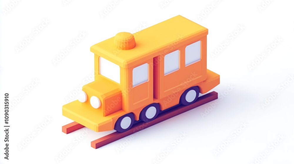 Poster a colorful, stylized toy train model on tracks, designed for playful and imaginative use.