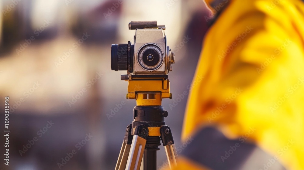 Poster a detailed close-up of a surveyor using a theodolite to measure angles on a construction site, surve