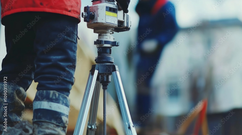 Poster a detailed close-up of a surveyor using a theodolite to measure angles on a construction site, surve