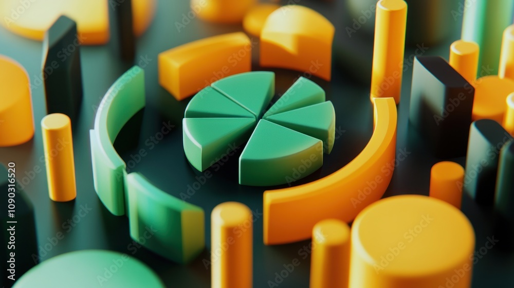 Poster Abstract 3D shapes in green and yellow, resembling data visualization elements.