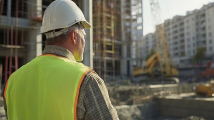 Fototapeta premium A detailed portrait of a construction foreman in safety gear, inspecting concrete pouring at a building foundation site, Foundation construction scene