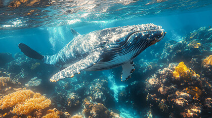 Fototapeta premium Majestic Humpback Whale Gliding Through Coral Reef