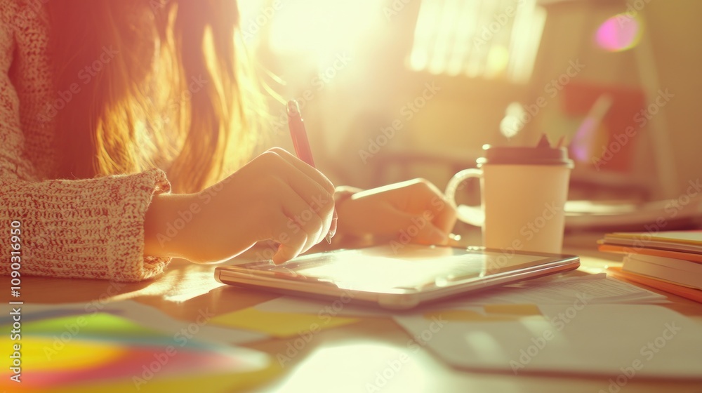 Poster a person using a tablet while sitting at a desk with a coffee cup and colorful papers.