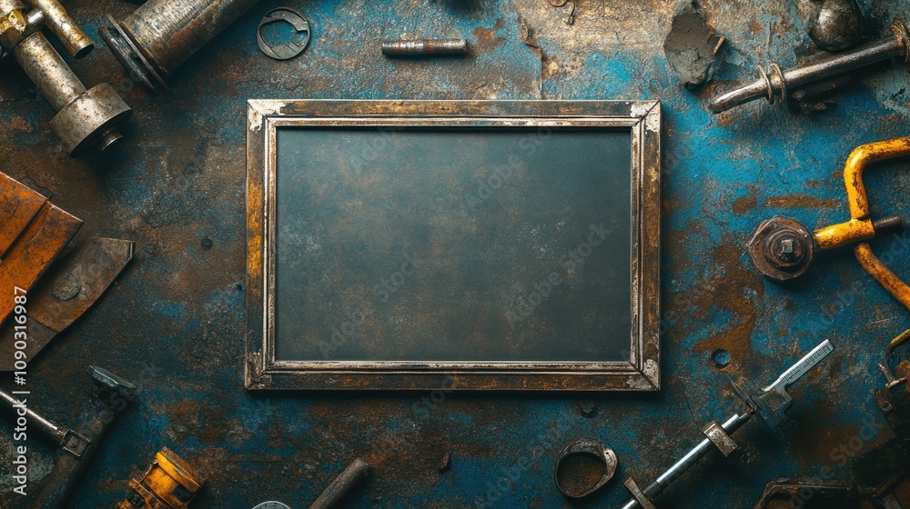Poster A rustic workspace with a blank frame surrounded by various tools and equipment.