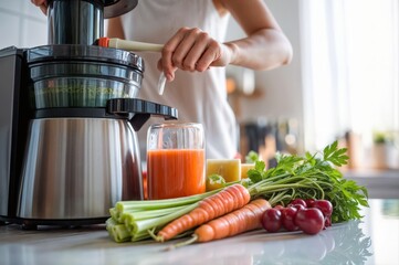 Juicing Fresh Vegetables: Healthy Carrot and Celery Juice in a Modern Kitchen
