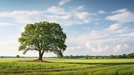 Majestic Tree in Open Green Field Under Bright Sky