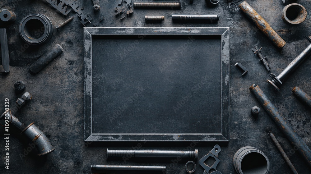 Poster a flat lay of various tools surrounding an empty frame, suggesting creativity and craftsmanship.