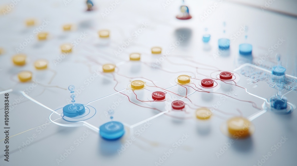 Poster a detailed game board featuring colored tokens and interconnected paths for strategic gameplay.