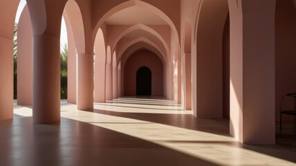 Fototapeta premium Sunlit pink corridor with arches, columns, and a distant doorway.