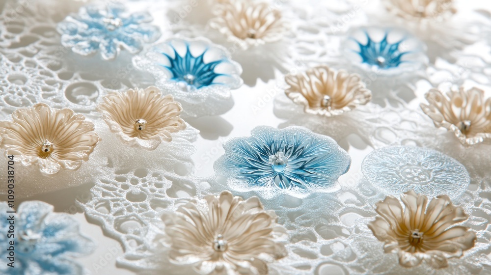 Poster a decorative arrangement of intricate floral designs in soft colors on a textured surface.