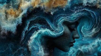Obraz premium a woman's face in the middle of a large wave, with a blue and brown background The woman appears to be in a state of contemplation, as if she is deep in thought 