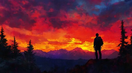 Fototapeta premium Silhouetted Hiker at Sunset