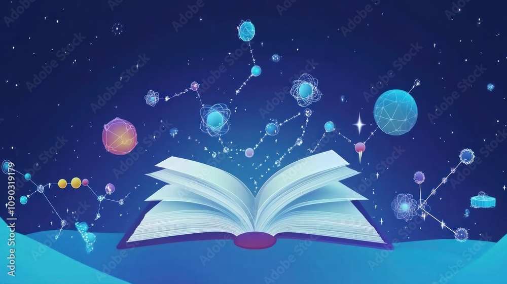 Poster An open book with cosmic elements representing knowledge and discovery.