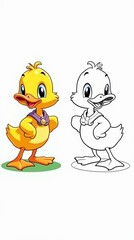 Obraz premium Adorable Cartoon Duck Character in Color and Outline Versions