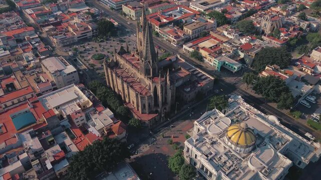 11 19 2024 Guadalajara Jalisco The Expiatory Parish of the Most Holy Sacrament aerial drone view, tourist area, vacation spot, no people, downtown