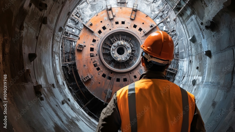 Aufkleber a detailed portrait of a tunnel construction engineer monitoring tunnel boring machine progress unde