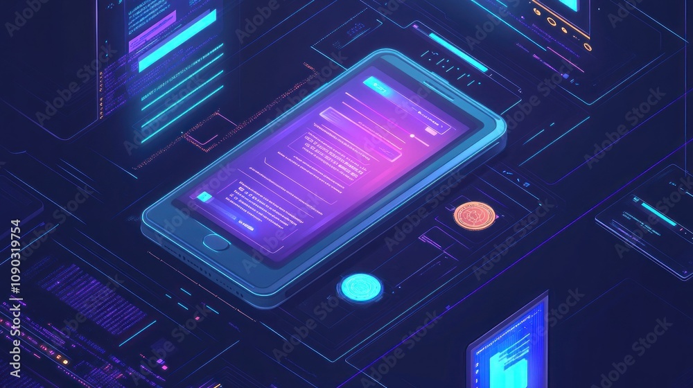 Poster a futuristic smartphone surrounded by digital interfaces and glowing elements.