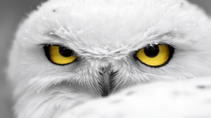 A close up of a white owl with yellow eyes