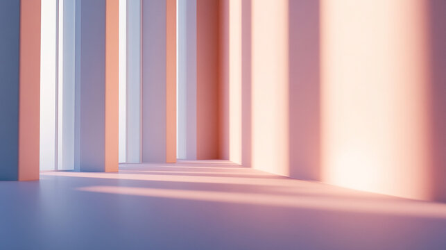 A minimalist, modern interior with soft pastel colors and a sunbeam casting long shadows across the floor.