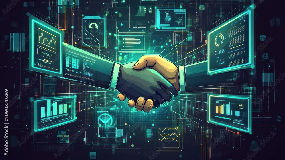 Poster A digital handshake symbolizing partnership and collaboration in a tech-driven environment.