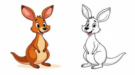 Fototapeta premium Adorable Kangaroo Cartoon with Colorful and Black-and-White Versions