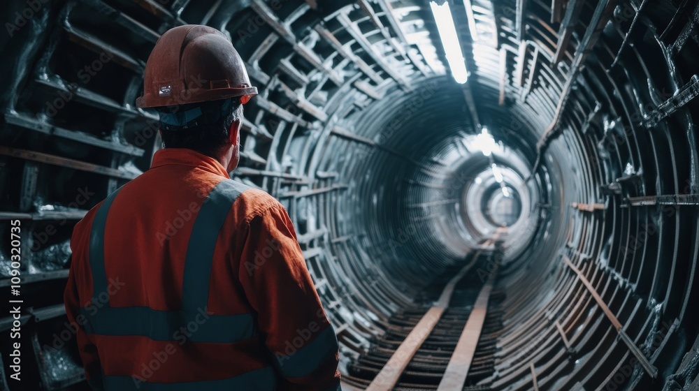Poster A detailed portrait of a tunnel construction engineer supervising tunnel boring machine operations underground, Tunnel excavation scene, Strategic and underground style
