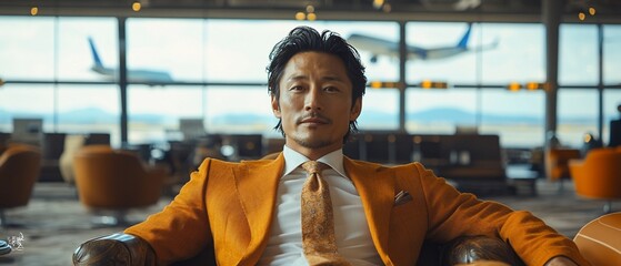 A well-dressed man sits confidently in an airport lounge with planes in the background.