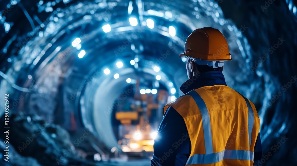 Poster a detailed portrait of a tunnel engineer inspecting tunnel boring machine progress underground, tunn