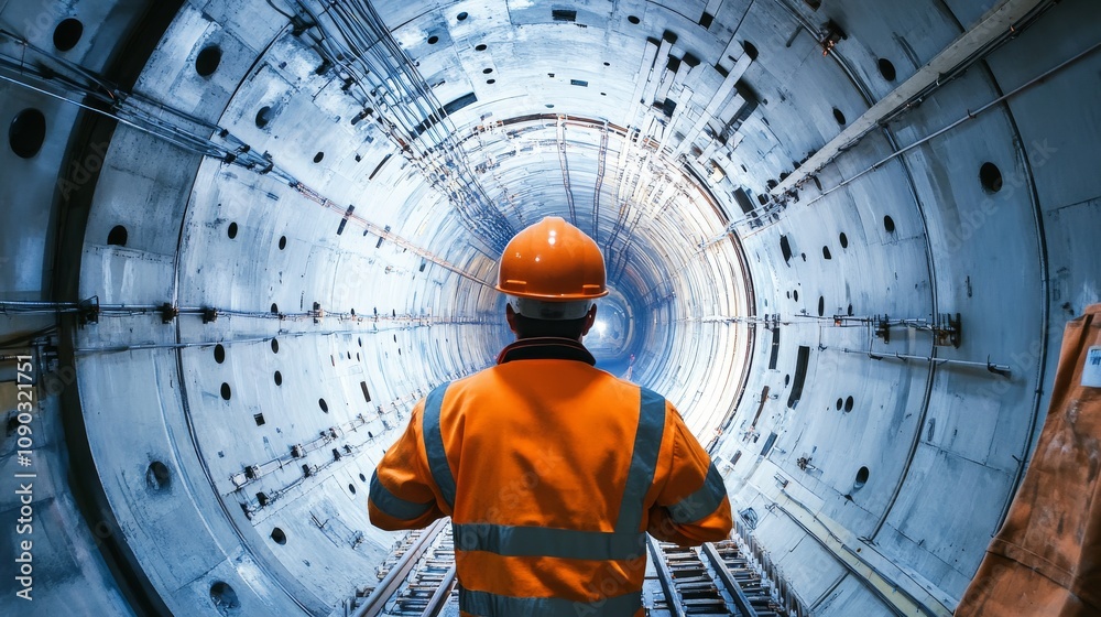 Poster a detailed portrait of a tunnel engineer inspecting tunnel boring machine progress underground, tunn