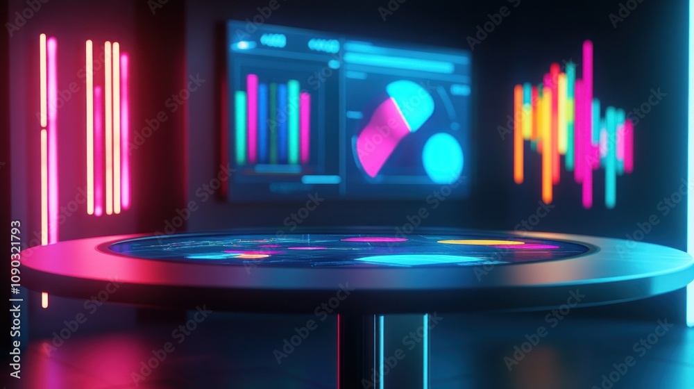 Poster A futuristic interface with glowing visuals and data displays in a dark environment.