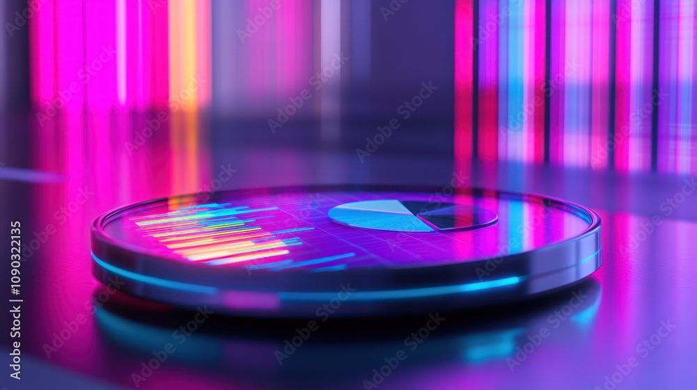 Poster a futuristic pie chart on a reflective surface with vibrant neon colors.