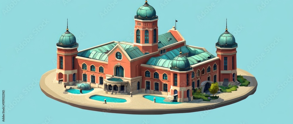 Poster A stylized architectural depiction of a grand building with domes and a pool area.