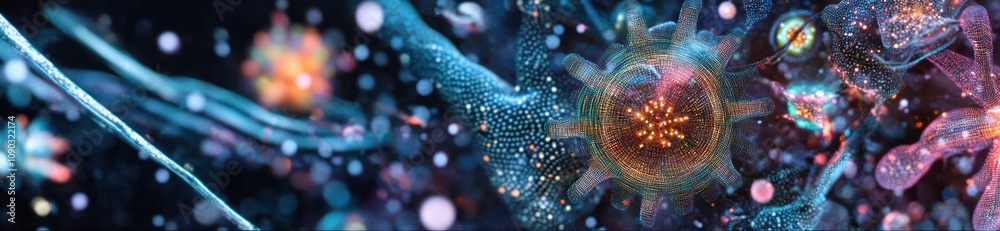 Poster abstract representation of microscopic organisms and cellular structures in a vibrant, colorful scen