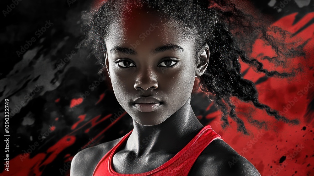 Poster a young athlete with a determined expression, set against a dynamic red and black background.