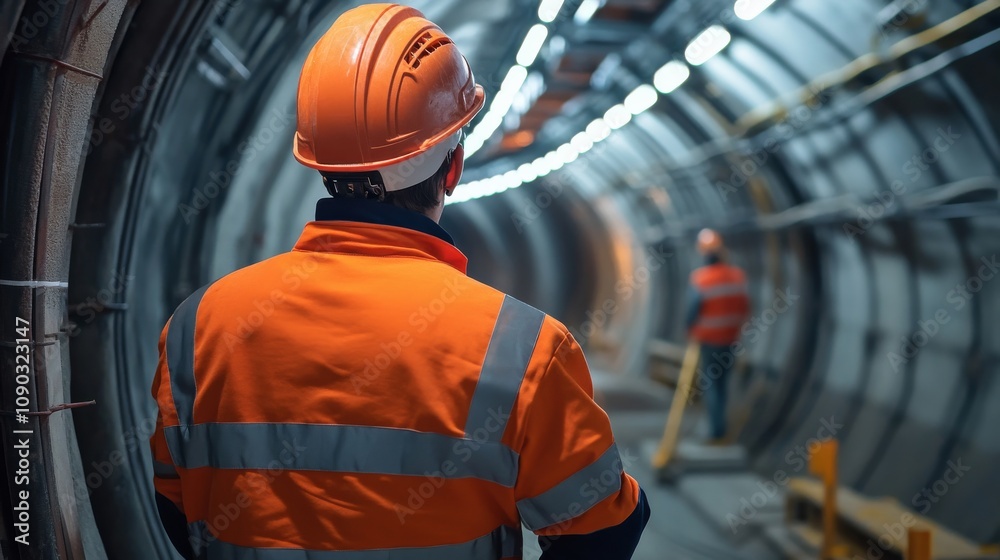 Poster a detailed portrait of a tunnel engineer monitoring tunnel boring machine operations underground, un